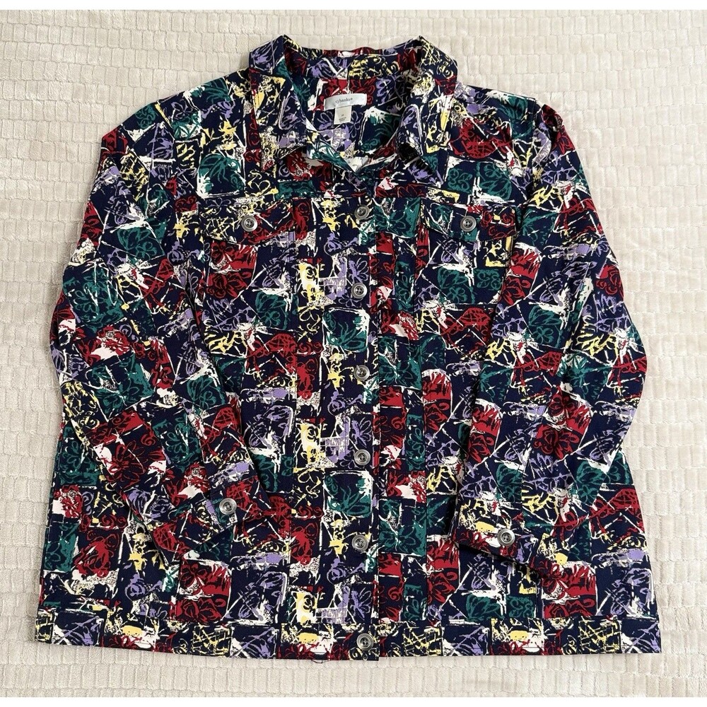 CJ Banks Womens 3X Abstract Multicolor Button Up Blouse Long Sleeve Plus
